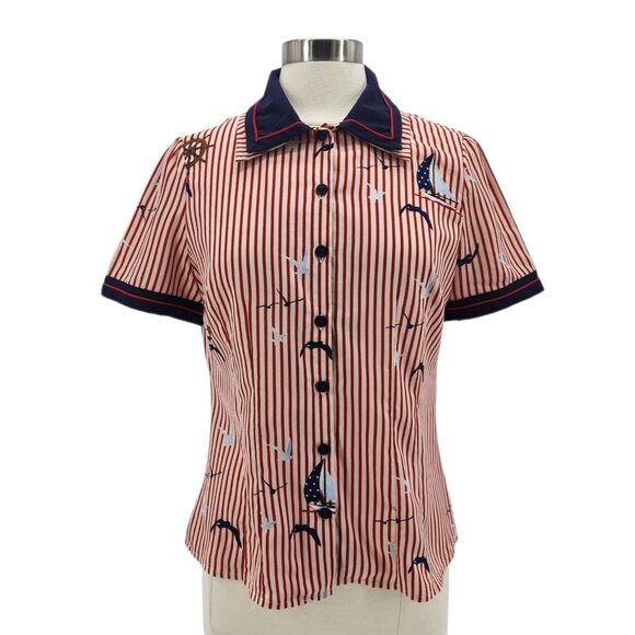 Hell Bunny Womens Medium Top Avery Blouse Sailboat Birds Striped Pinup Retro Red - Picture 1 of 11